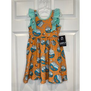 Rags Kids Dress Size 5/6 Orange Goldfish‎ Jar Print Ruffle Sleeves Aqua Trim